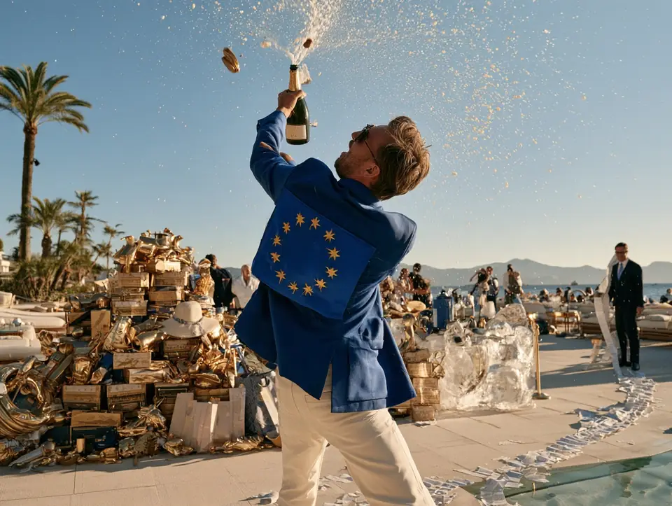 A man in a blue blazer with the EU flag on his back sprays champagne on a Riviera beach terrace, next to a pile of gold and luxury boxes. A long paper receipt trails across the ground towards a waiter.