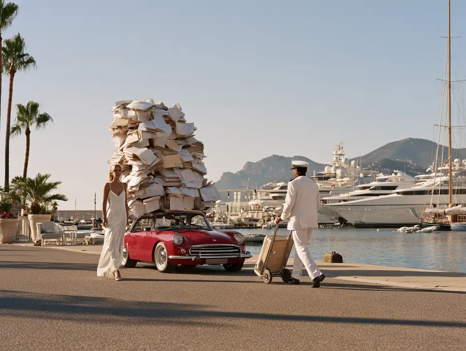 A red convertible on a Riviera quay, buried under a tower of paper bills. A woman in a white dress and a porter in white walk past.